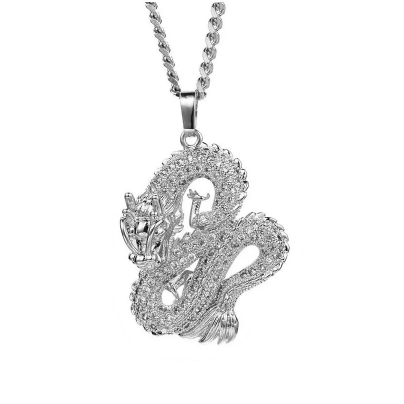 chinese dragon white zircon pendant hip hop designer necklace for lovers - gold-plated jewelry