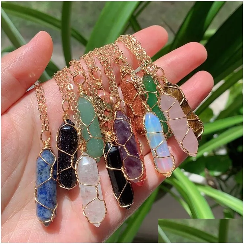 natural stone pendant gold wire wrap crystal necklace hexagonal bullet amethysts pink quartz pendulum chakra healing jewelry