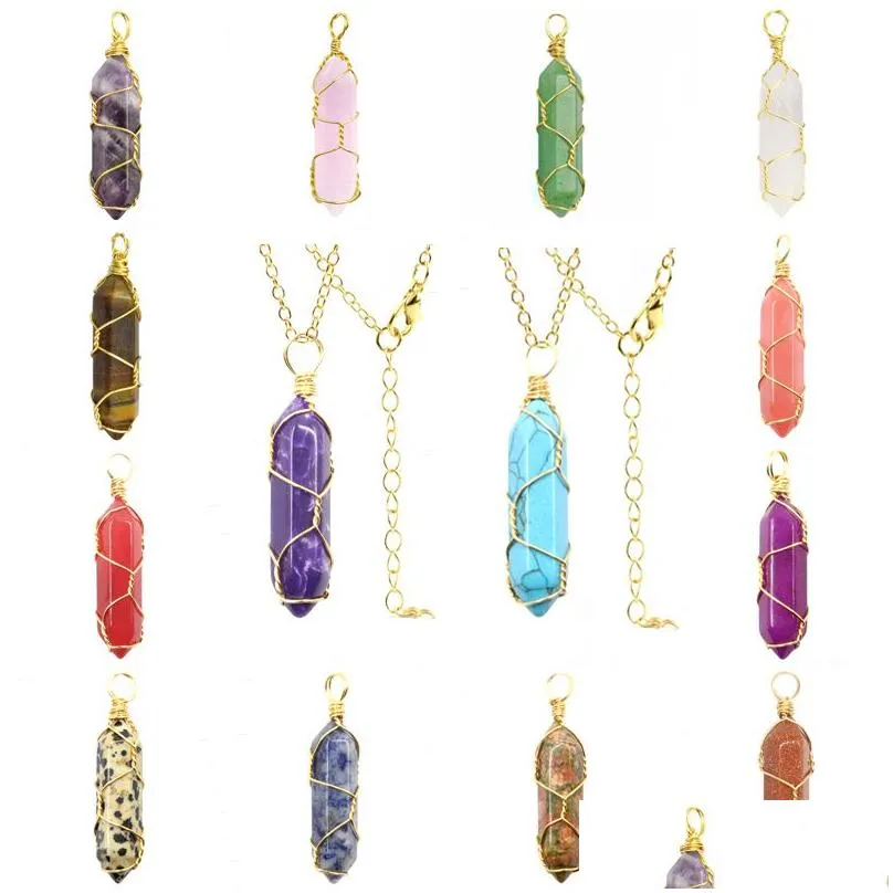 natural stone pendant gold wire wrap crystal necklace hexagonal bullet amethysts pink quartz pendulum chakra healing jewelry