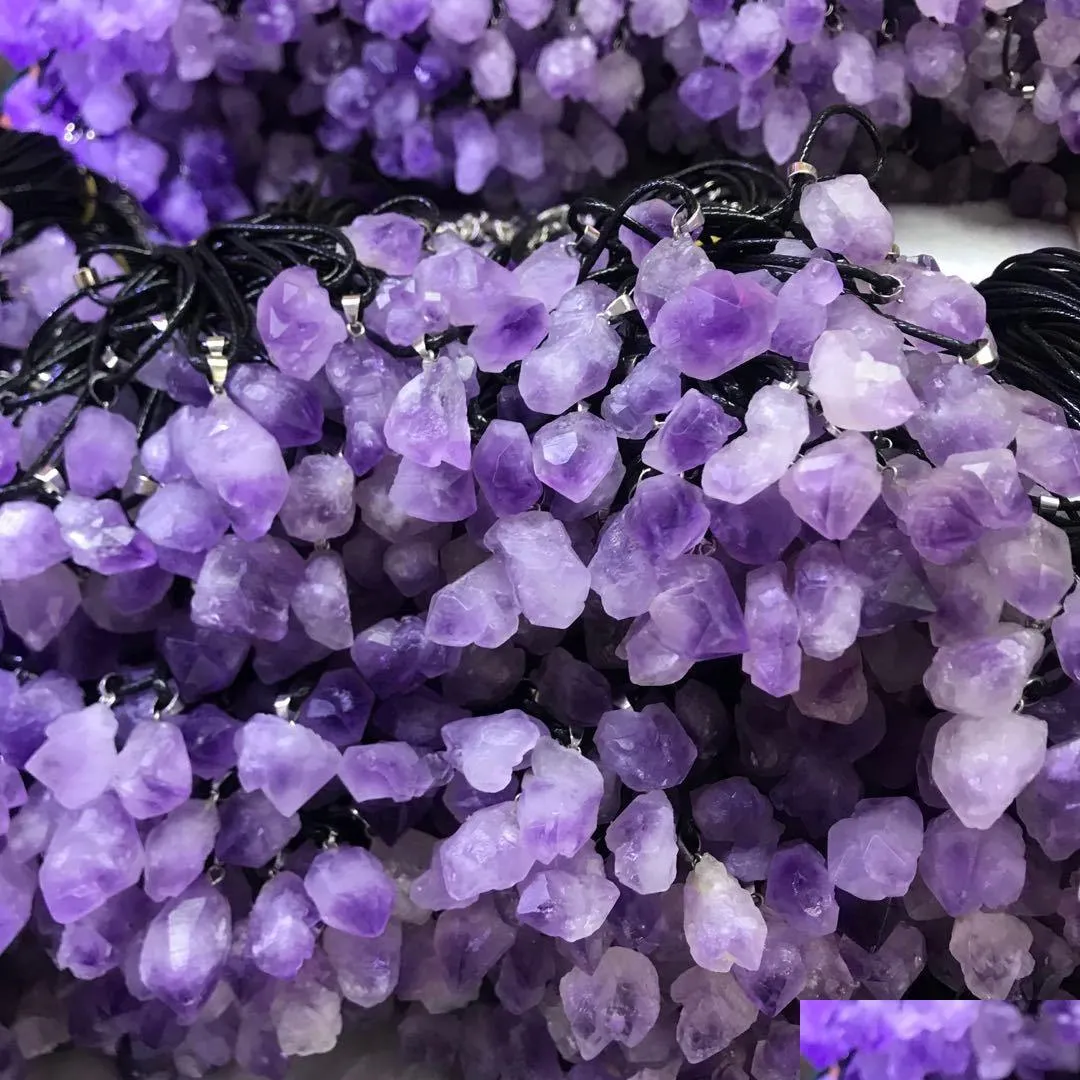 natural amethysts stone pendant necklace high quality leather rope necklace women trendy jewelry factory wholesale