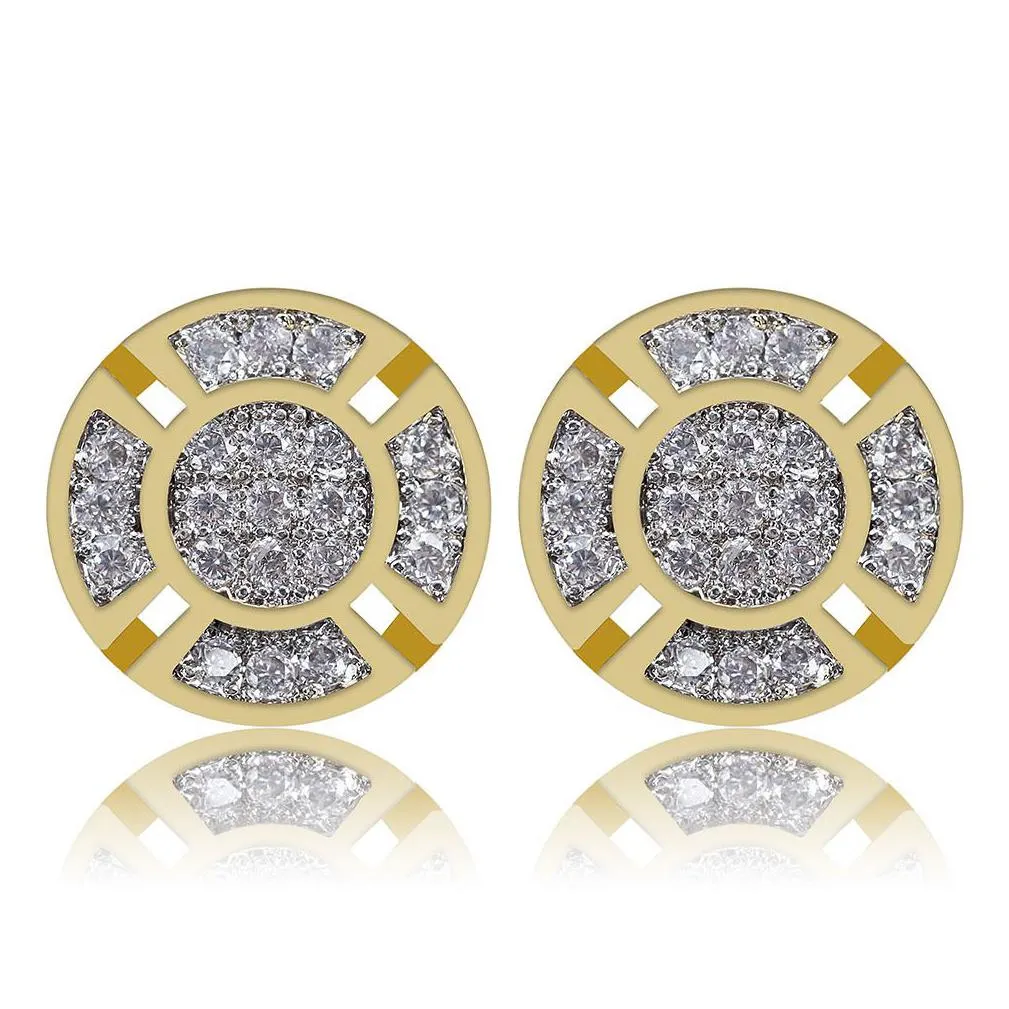 hip hop round stud earrings bling full white zircon screw back gold plated earrings vintage jewelry