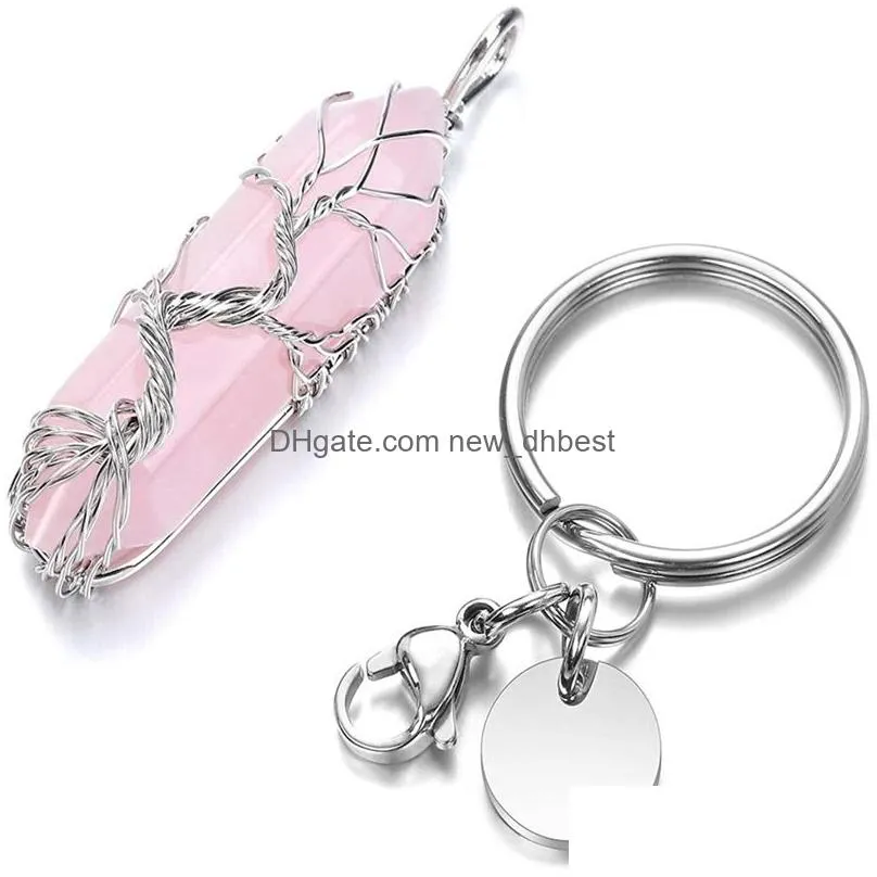 natural pink quartz gem stone key ring copper wire tree of life keychain healing amethyst crystal key chain jewelry