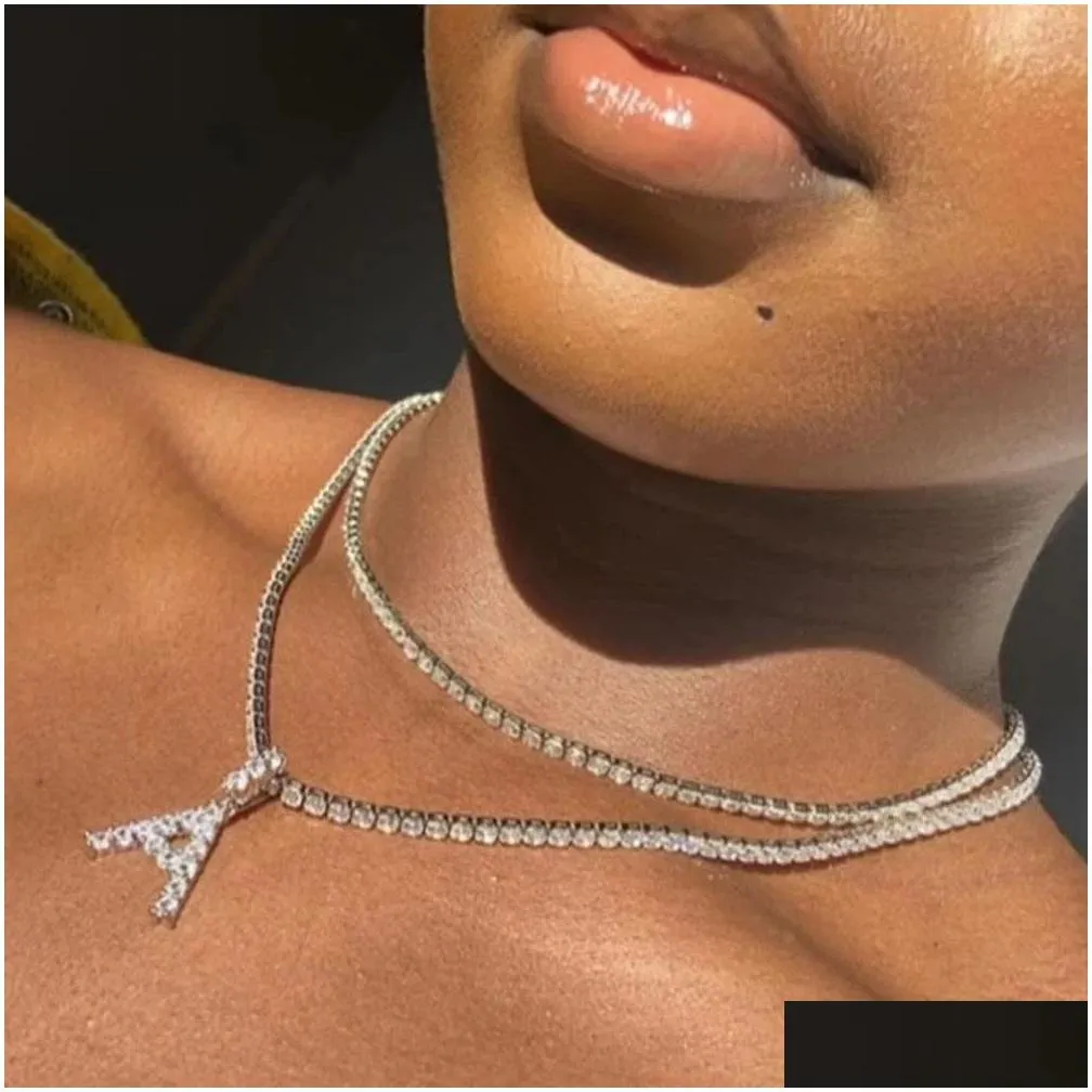 crystal initial tennis necklace for women - statement alphabet pendant with 26 letters choker style jewelry