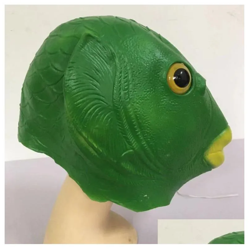 novelty latex green fish head mask - open mouth animal cosplay prop for adults