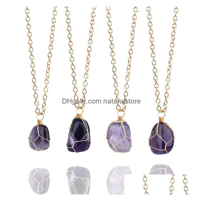 natural raw stone pendant necklace irregular amethyst tiger eye hand wound wire necklaces