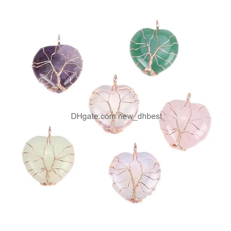 silver gold wire wrapped natural stone heart tree of life charms pendant healing chakra crystal amethyst rose quartz pendats for diy jewelry making