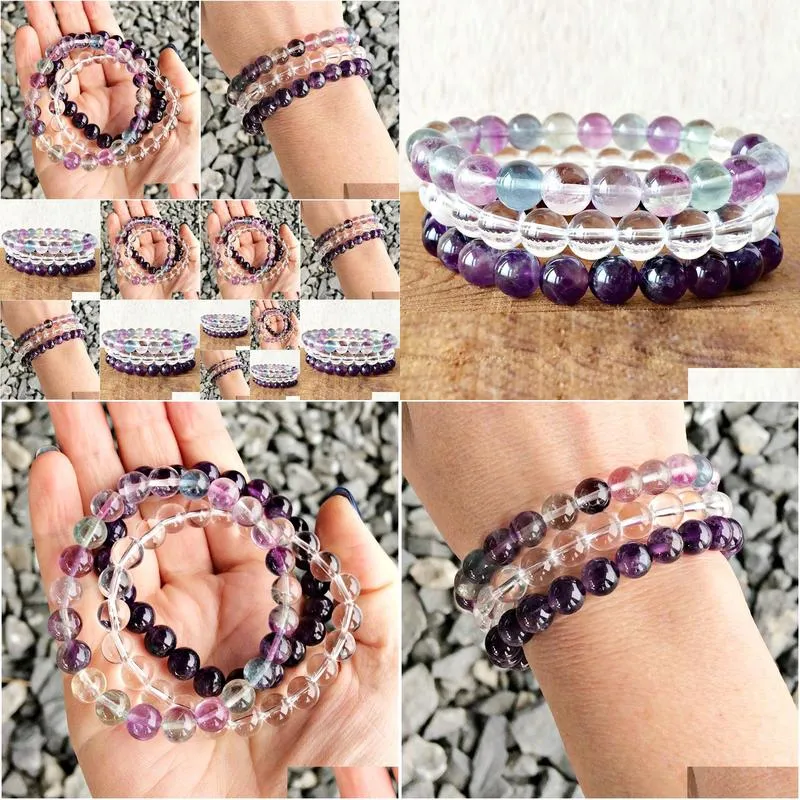 mg0358 new design crown chakra stack bracelet set natural fluorite amethyst clear quartz bracelet heart chakra crystals bracelet