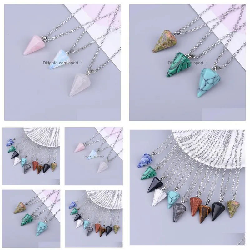natural stone hexagonal pyramid shape turquoise opal druzy drusy pendant necklace with 50cm stainless steel chain
