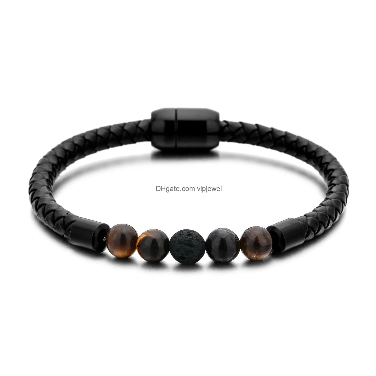 fashion leather lava chakra stone beads essential oil diffuser braceletbracelet black stainless bracelets bangles for men punk