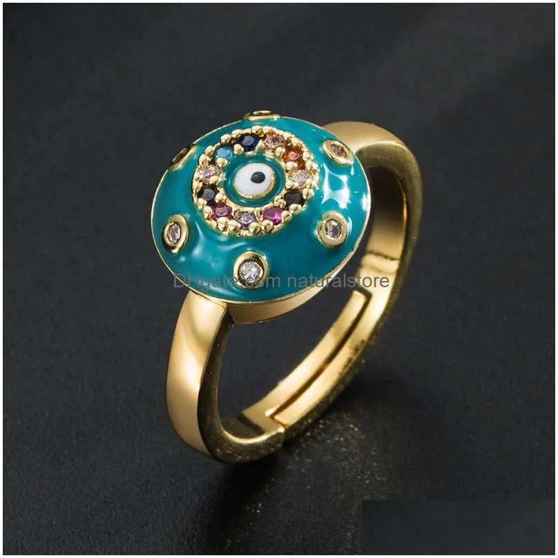 colorful adjustable zircon ring evil eye design gold plated copper unique oil dropping effect - statement jewelry