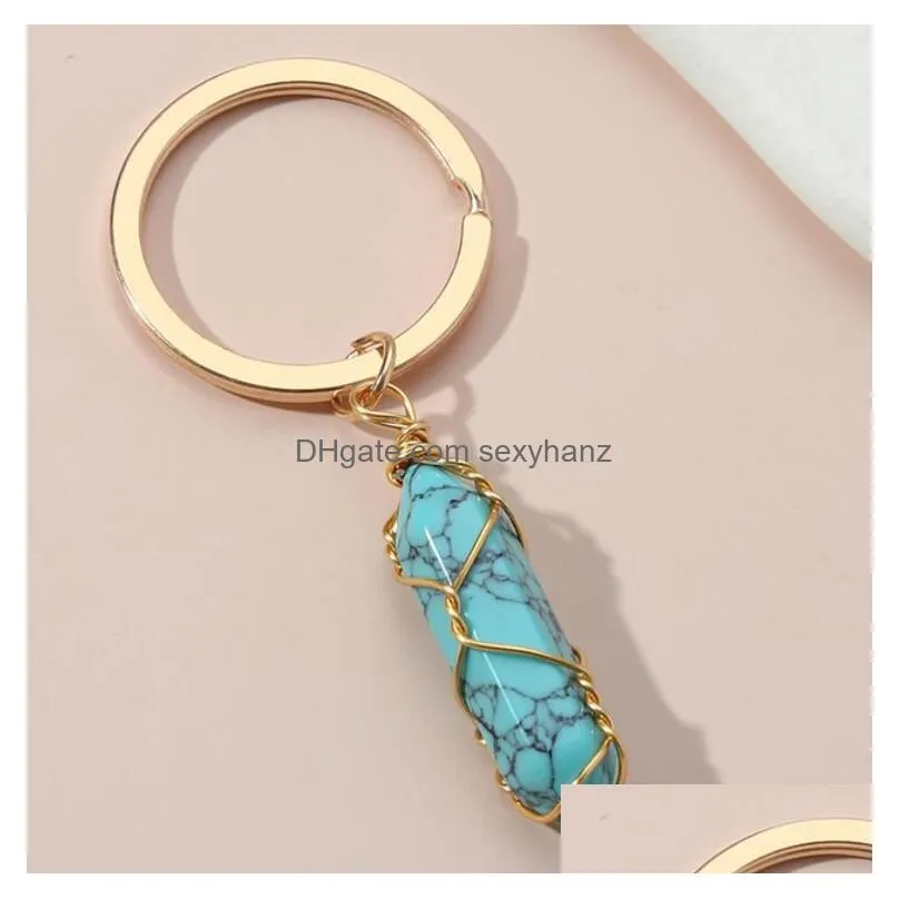  design keychain colorful natural stone key chains wire wrap stone key ring for women men handbag accessorie handmade jewelry