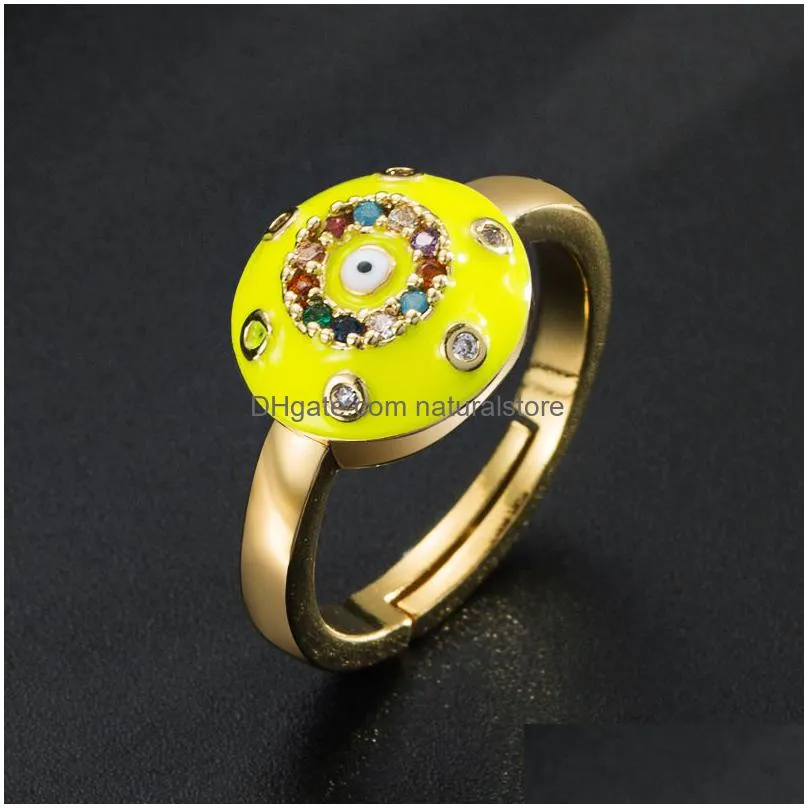 colorful adjustable zircon ring evil eye design gold plated copper unique oil dropping effect - statement jewelry