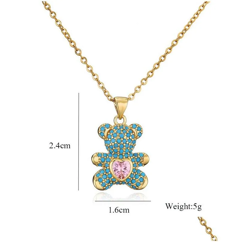 colorful zircon pave setting love bears pendant gold chain necklace cute woman gift jewelry