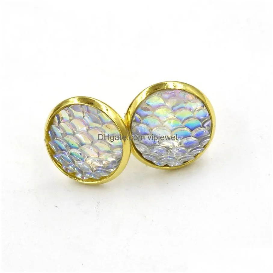 fashion gold color handmade 12mm druzy drusy resin mermaid fish scale pattern women stud earrings