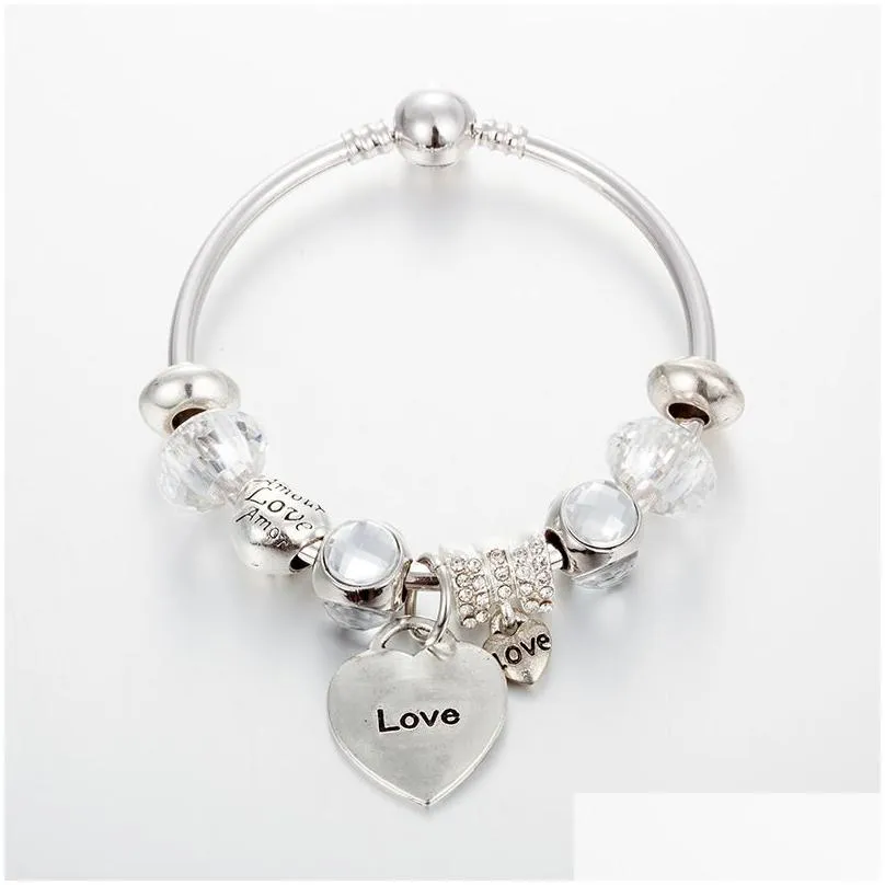 high quality strands electroplated antique silver bracelet with large hole beaded heart pendant good friend gift