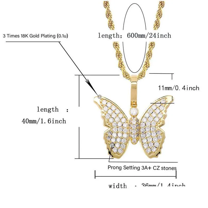 diamond butterfly hip hop necklace - 18k gold plated charm pendant jewelry for men women - perfect lovers gift
