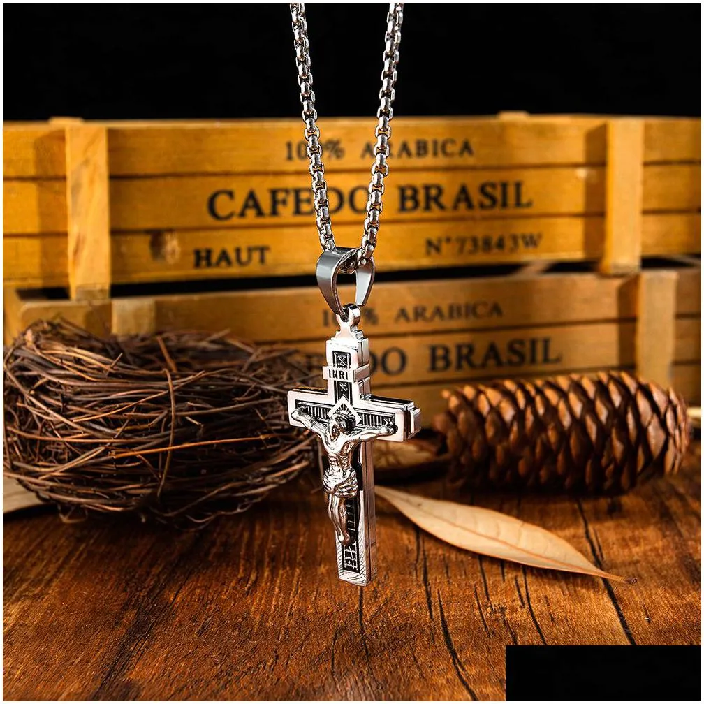 jesus cross pendant necklace gold/black gun plated stainless steel fashion religious jewelry for women men