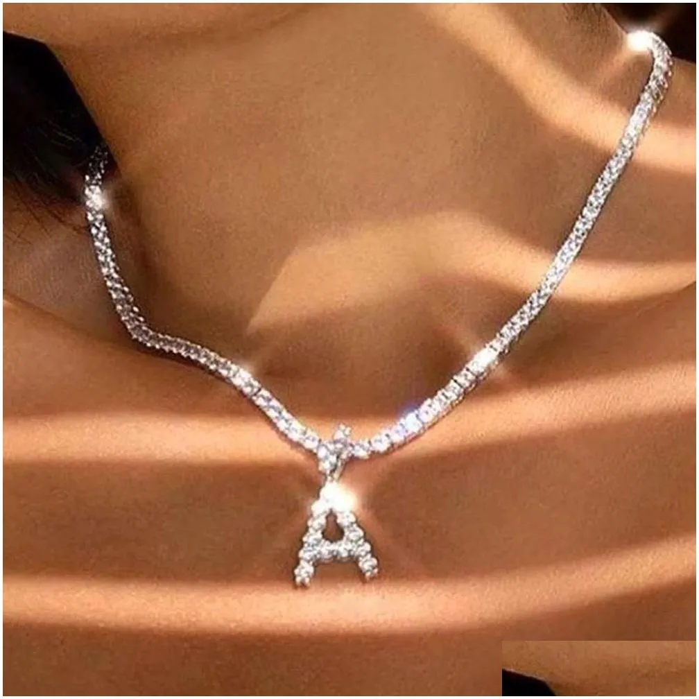 crystal initial tennis necklace for women - statement alphabet pendant with 26 letters choker style jewelry