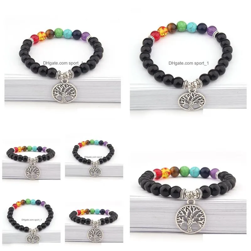 8mm natural stone bracelet 7 chakra tree of life charm bracelets multicolor beads stones bracelet women men yoga bracelets