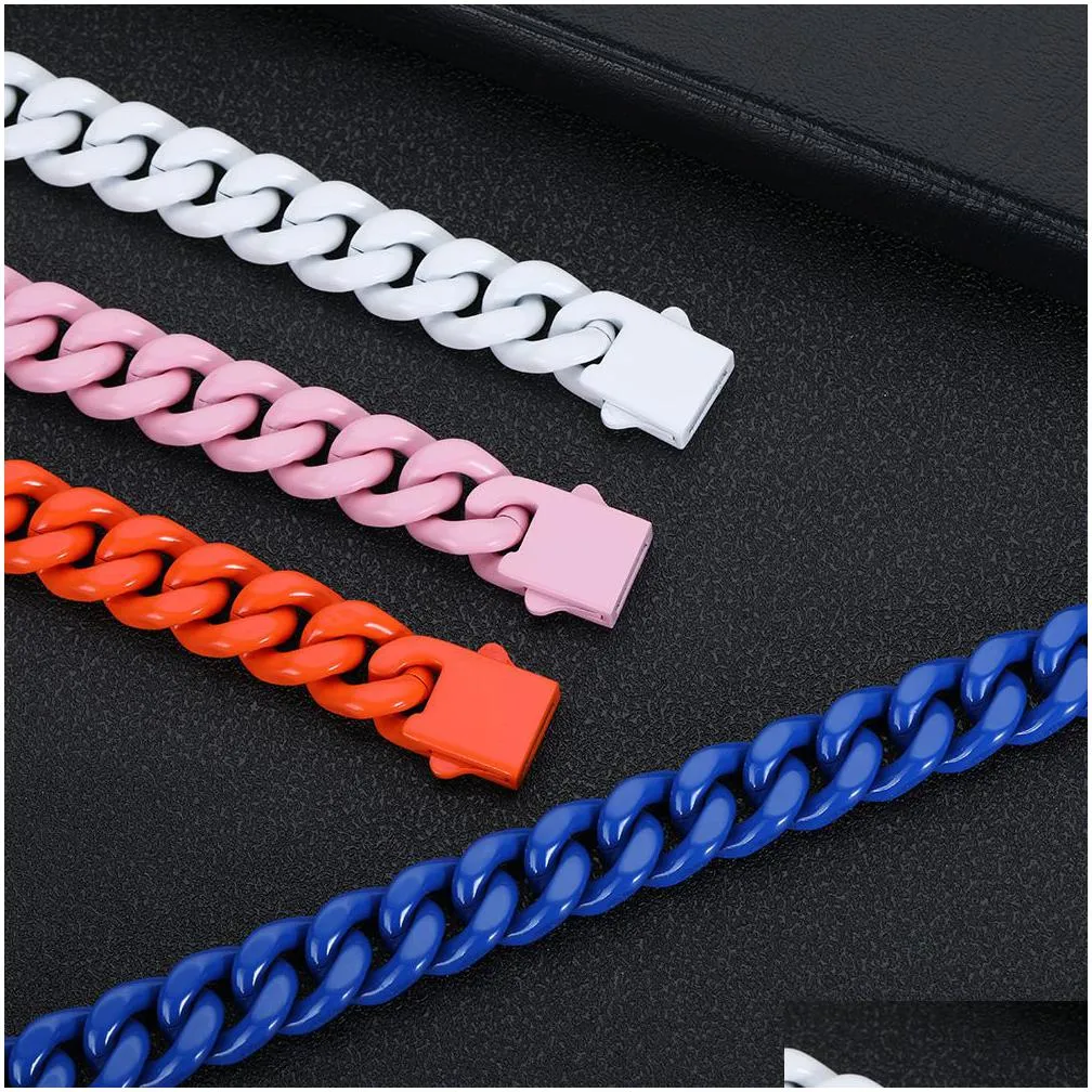 hip hop colorful stainless steel cuban chain necklace spring buckle couple jewelry