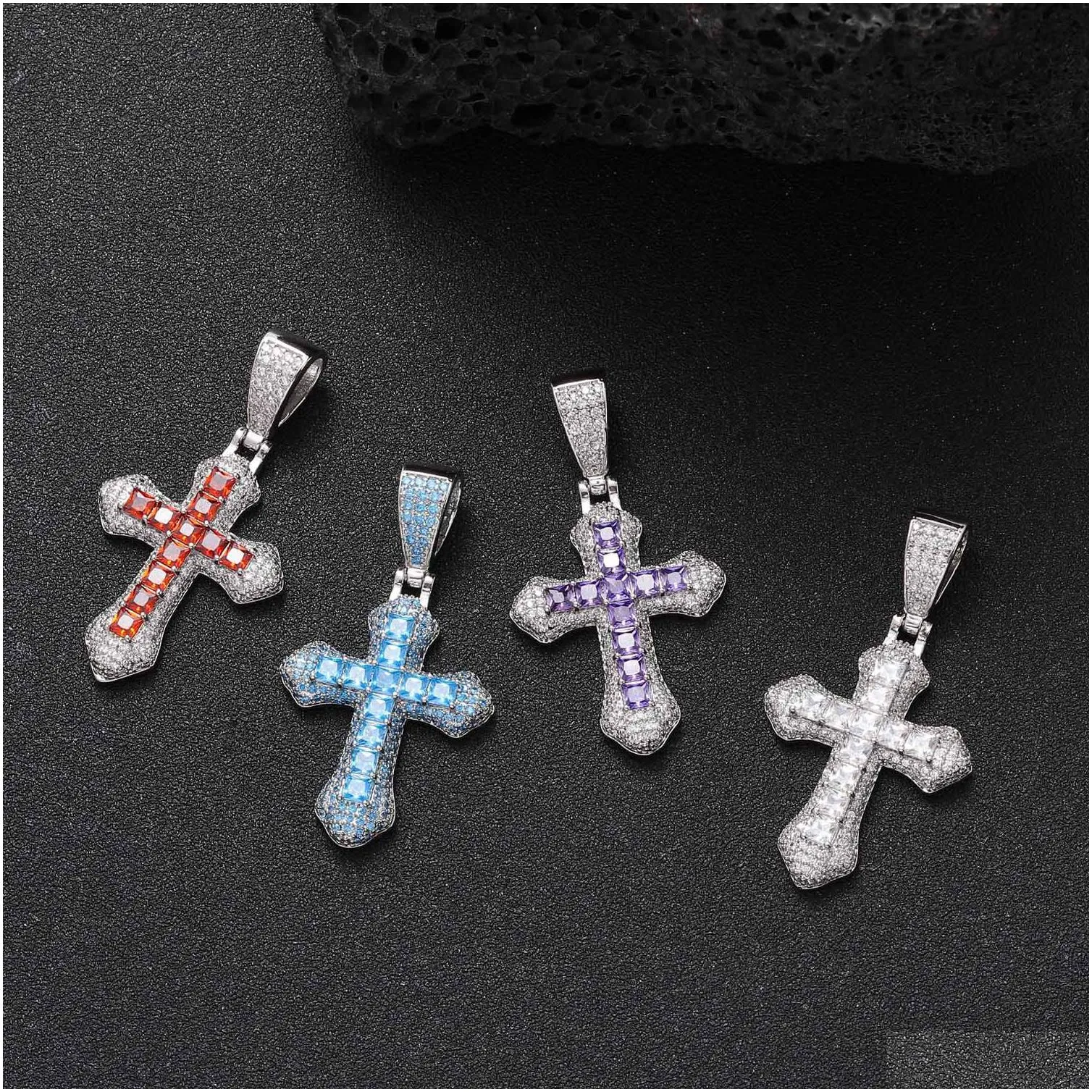 hip hop full colorful cubic zirconia cross pendant necklace religious jewelry