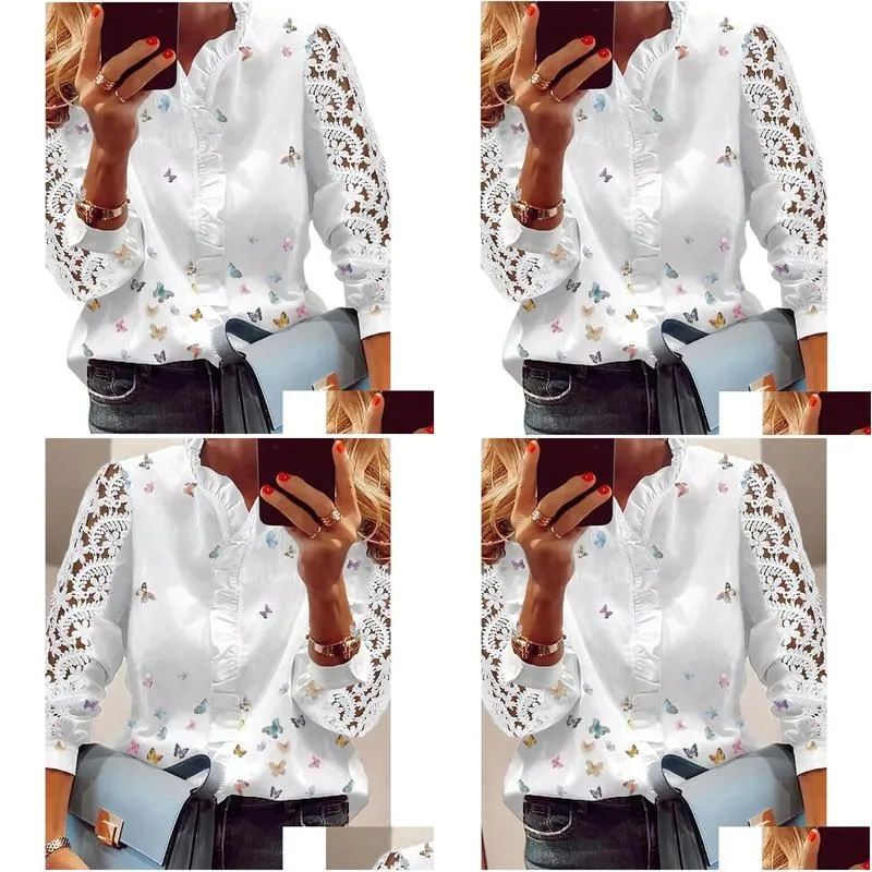 womens blouses shirts women elegant fashion butterfly print top ruffled trim casual long lace sleeve blouse