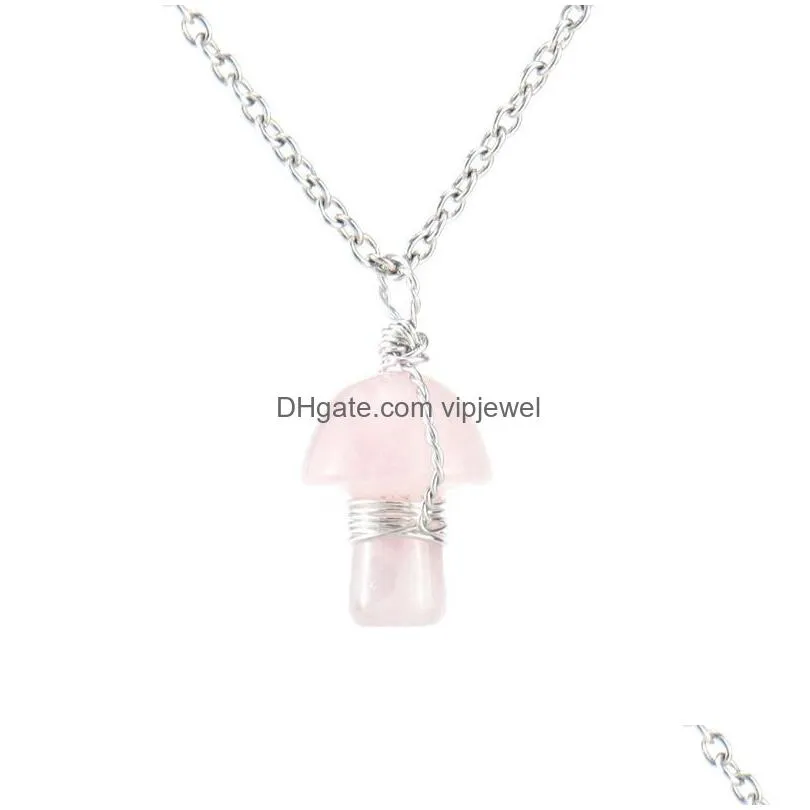 wire wrap carving mushroom pendant reiki healing crystal tiger eye rose quartz opal aventurines necklace for women jewelry