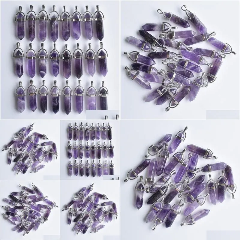 natural stone charms amethyst hexagonal healing reiki point pendants for jewelry making diy necklace earrings