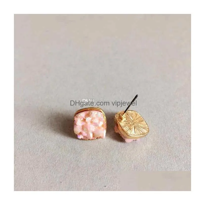 fashion drusy druzy stud earrings silver gold plated round drop square 5 colors rock crystal stone earrings for women jewelry