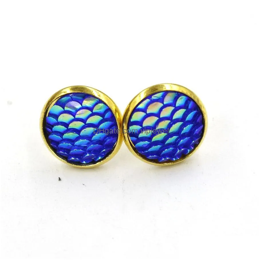 fashion gold color handmade 12mm druzy drusy resin mermaid fish scale pattern women stud earrings