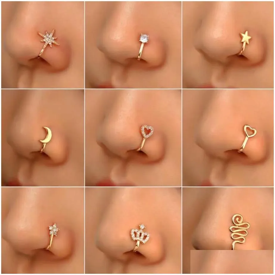 y copper fake piercing nose ring heart star crown clip on nose ear clip cuff earring for women girl gift body jewelry
