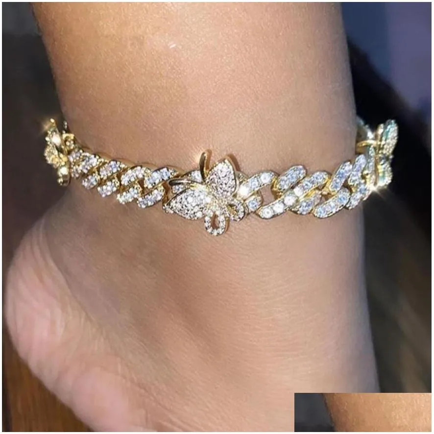 cz zircon rhinestone butterfly ankle bracelet cuban link chain anklets for women wide foot bracelets boho beach jewelry