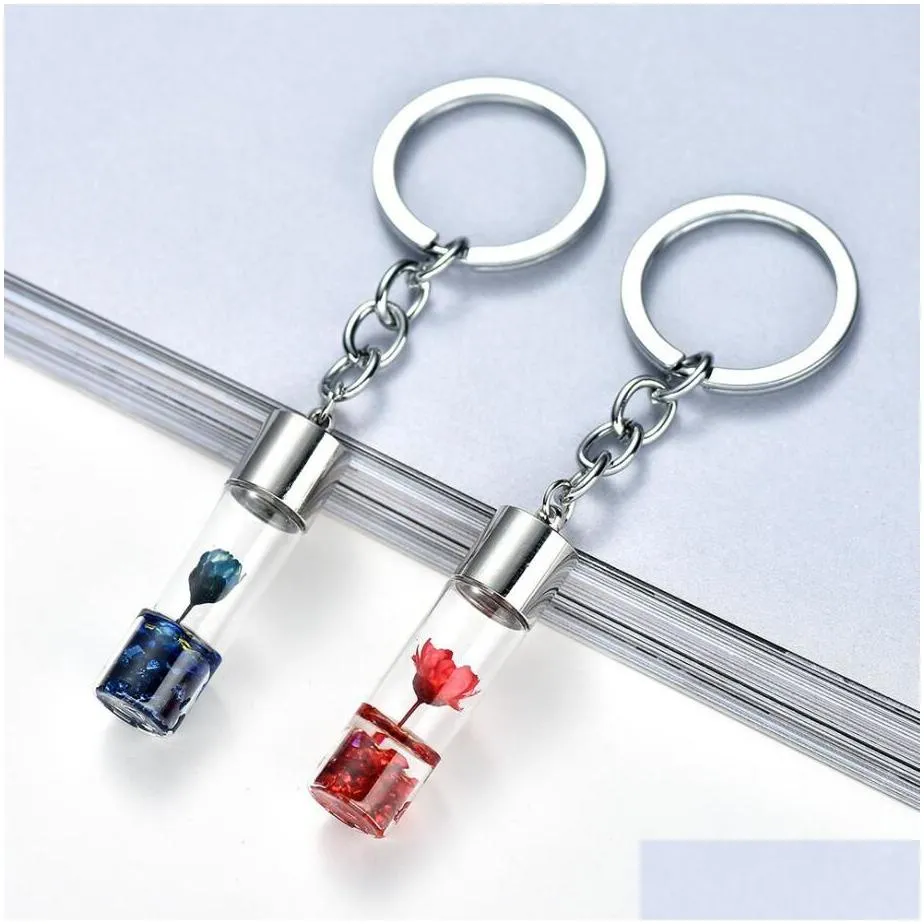 natural eternal flower glass bottles key rings keychain for women girls real dried flowers plants key chains keyrings keys bags accessories jewelry