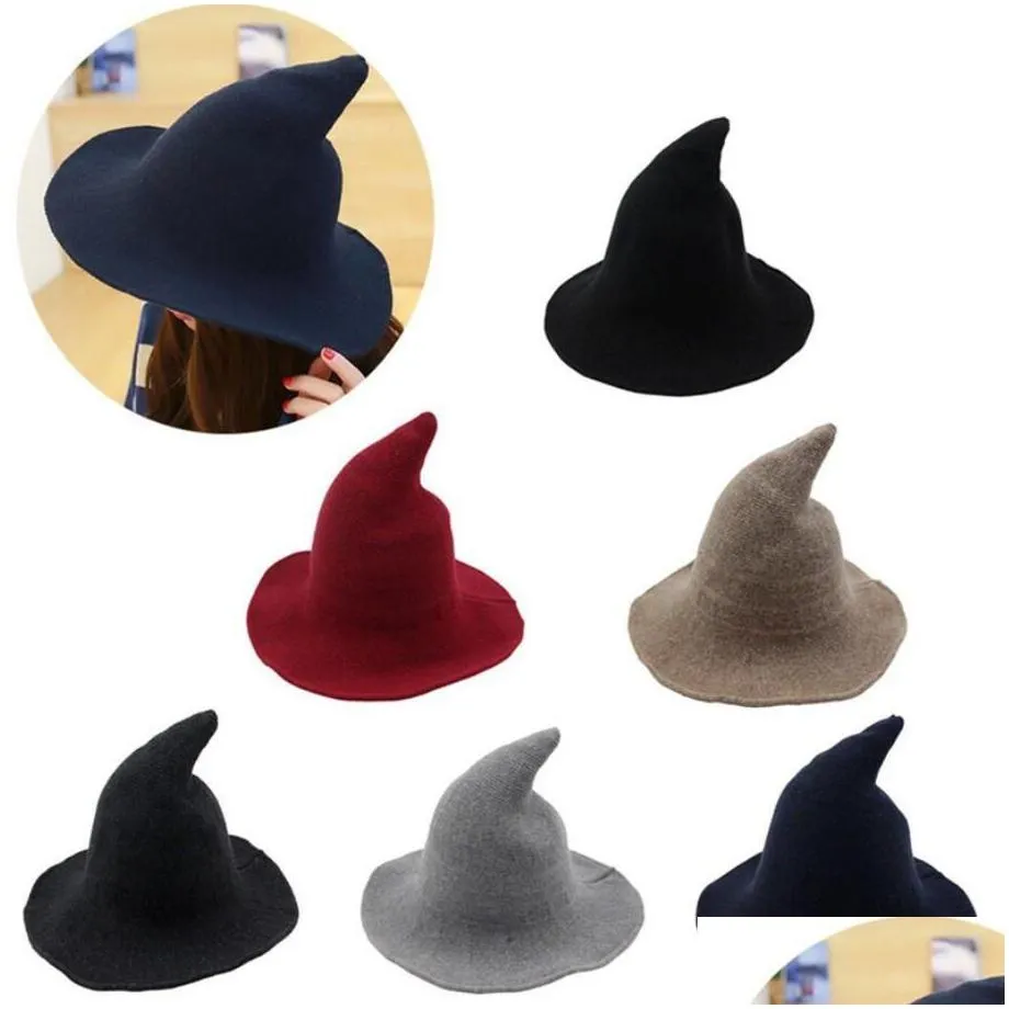 fashion old kids knitted witch hat halloween spire wide brim hats women thin knitting fisherman cap magic caps