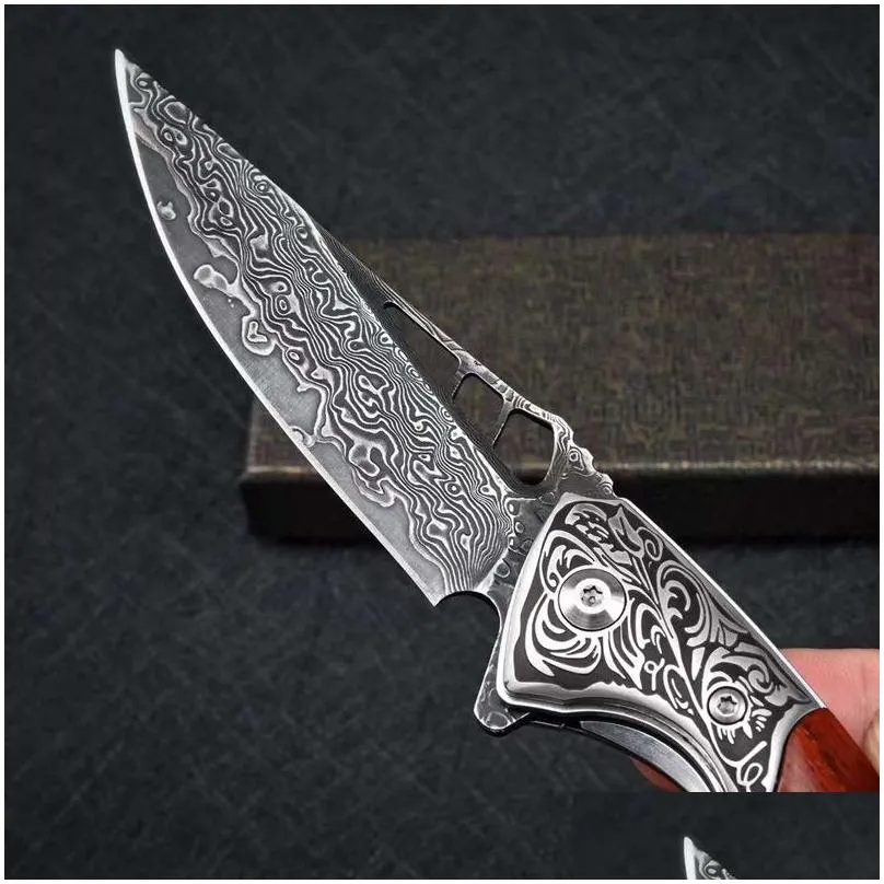 forged damascus folding knife particulate rosewood handle high hardness sharp outdoor hunting self defense camping edc portable pocket