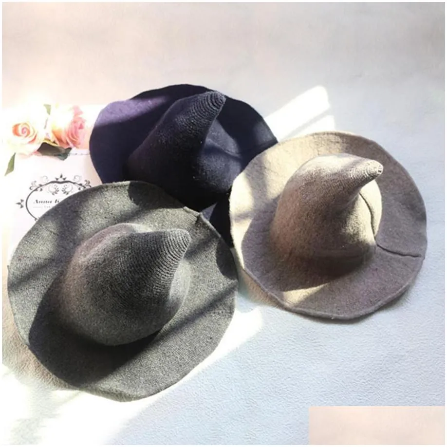 women modern witch hat foldable costume sharp pointed wool felt halloween party hats witch hat warm autumn winter cap 6 colors
