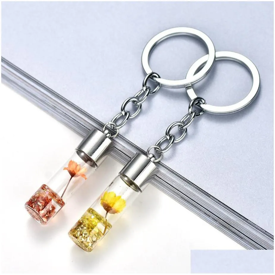 creative dry flower bottle key rings eternal flower sparkling keychain assorted color for women girl car bag lucky accessories