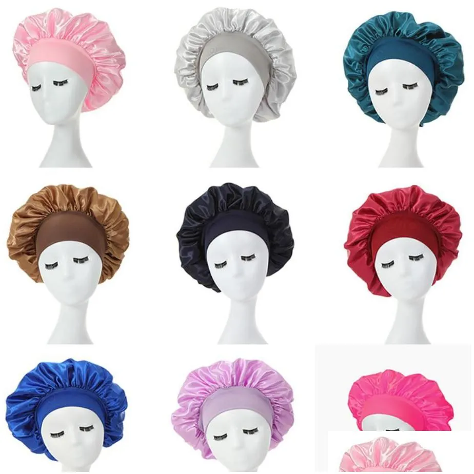 women night sleep hair caps hats silky bonnet satin double layer adjust head cover hat for curly springy hair styling 15 colors