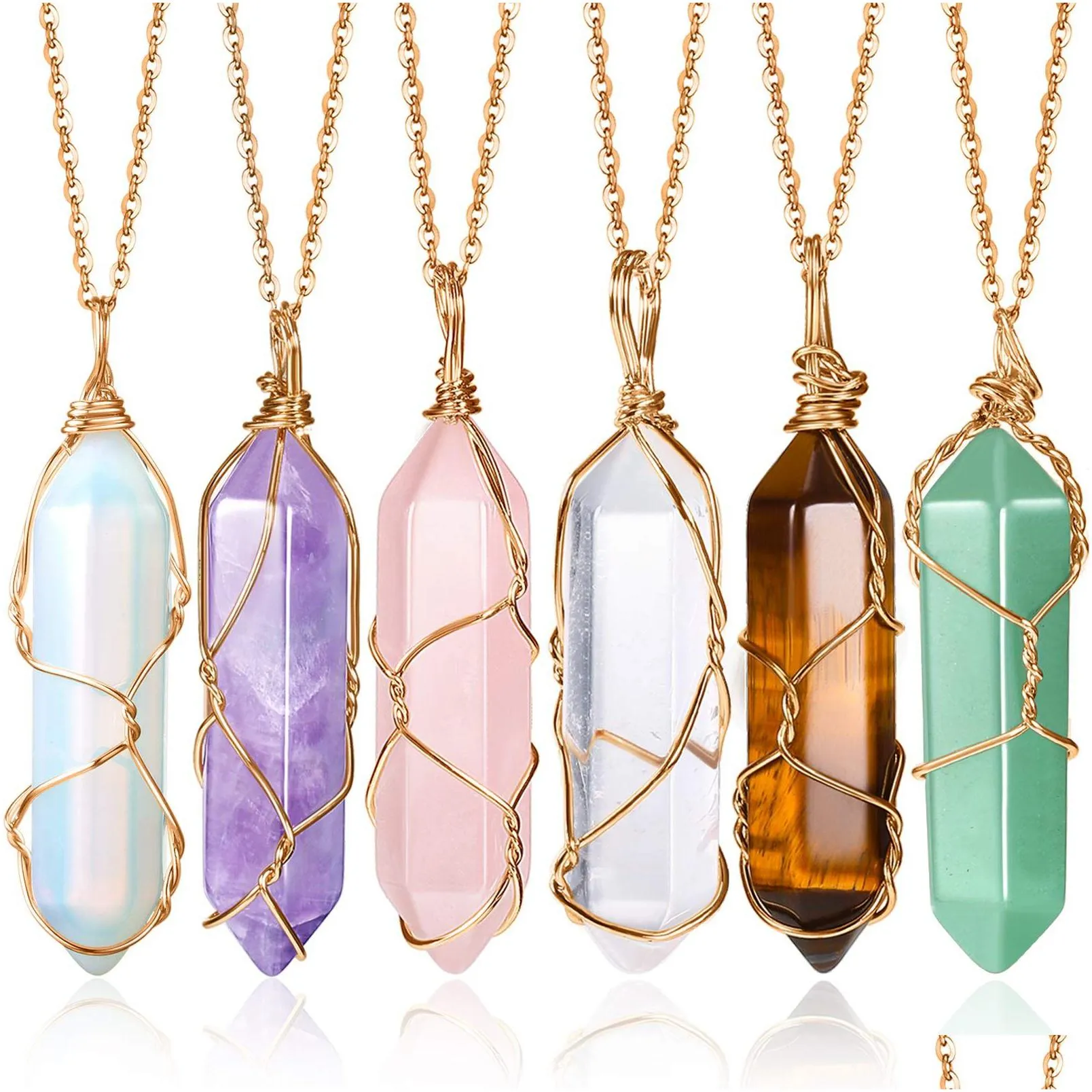 pendant necklaces crystal for women girls healing stone quartz necklace wire wrapped hexagonal amzmm