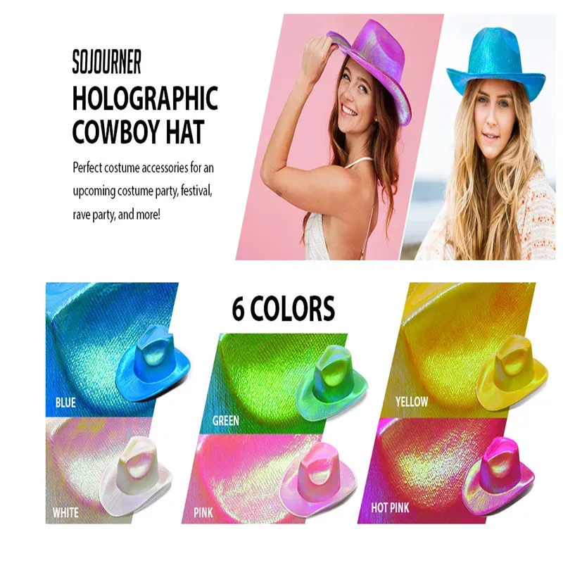 Space CowboNeon Sparkly Glitter Shiny Caps Holographic Rave Fluorescent Hats Halloween Costume Party Accessories JN12