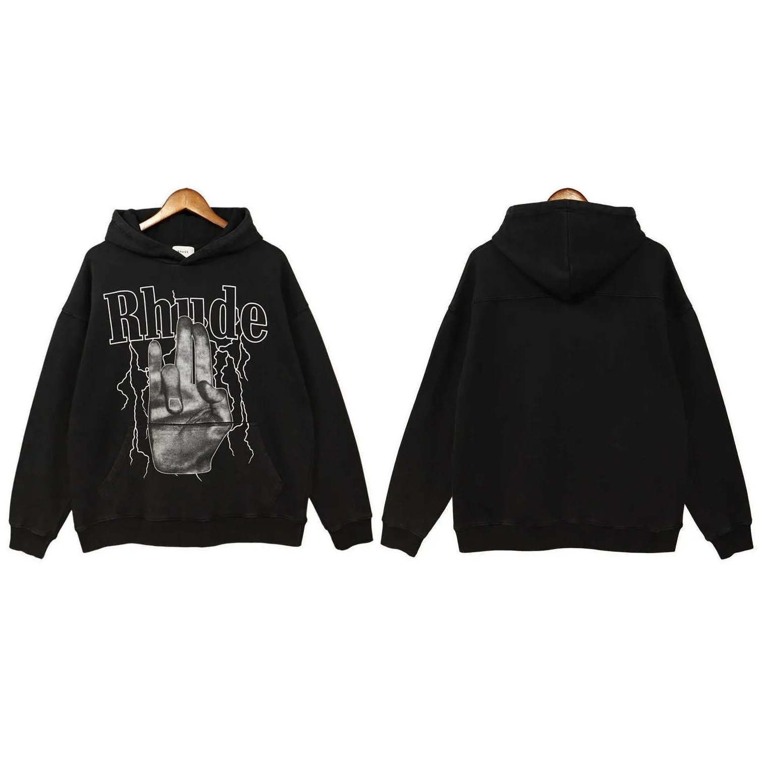 fashion brand rhude lightning gesture letter wash hooded sweater men and women high street hoodie coat