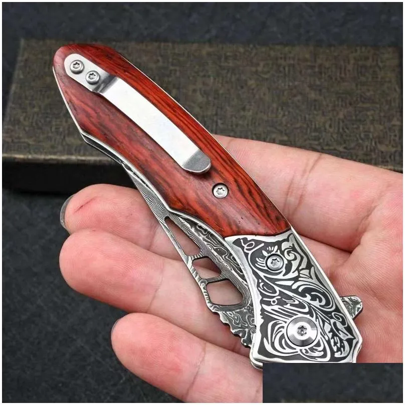 forged damascus folding knife particulate rosewood handle high hardness sharp outdoor hunting self defense camping edc portable pocket