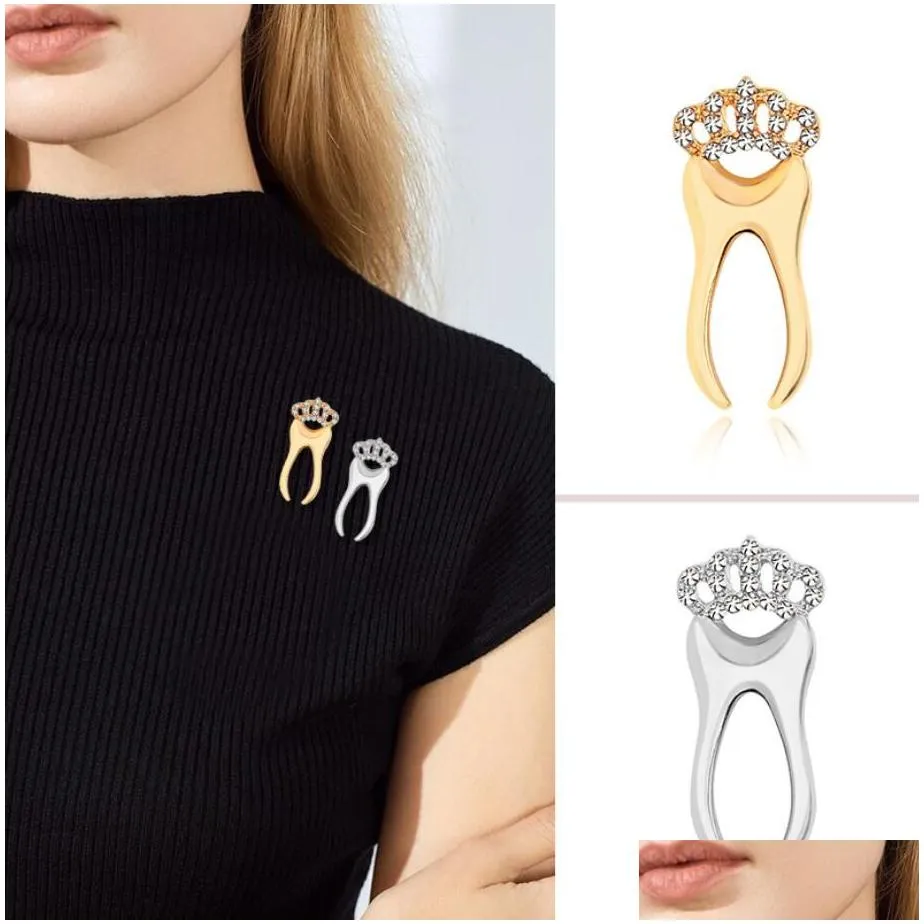 fashion tooth brooch rhinestone crown for women dress dentist jackets lapel pins bag metal badges nurse jewelry gift