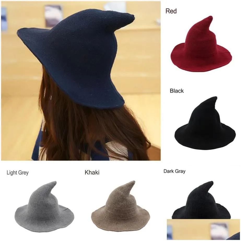 women modern witch hat foldable costume sharp pointed wool felt halloween party hats witch hat warm autumn winter cap 6 colors