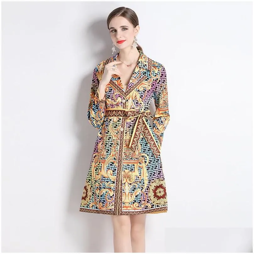 2023 casual print trench coats long sleeve single-breasted women designer windbreaker with belt milan style ladies tailored collar fine elegant outerwear