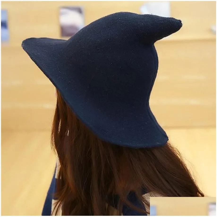 halloween party witch wizard hats solid color kinitted-wool hats for halloween party masquerade cosplay costume