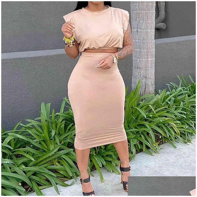 women dress set padded o neck casual tank top midi pencil skirt solid color 2 piece bodycon dresses suit 210521