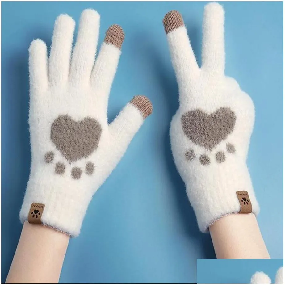 fashion cat paw printing gloves mobile phone touchscreen knitted mittens glove winter thick warm adult soft fluffy gloves mens