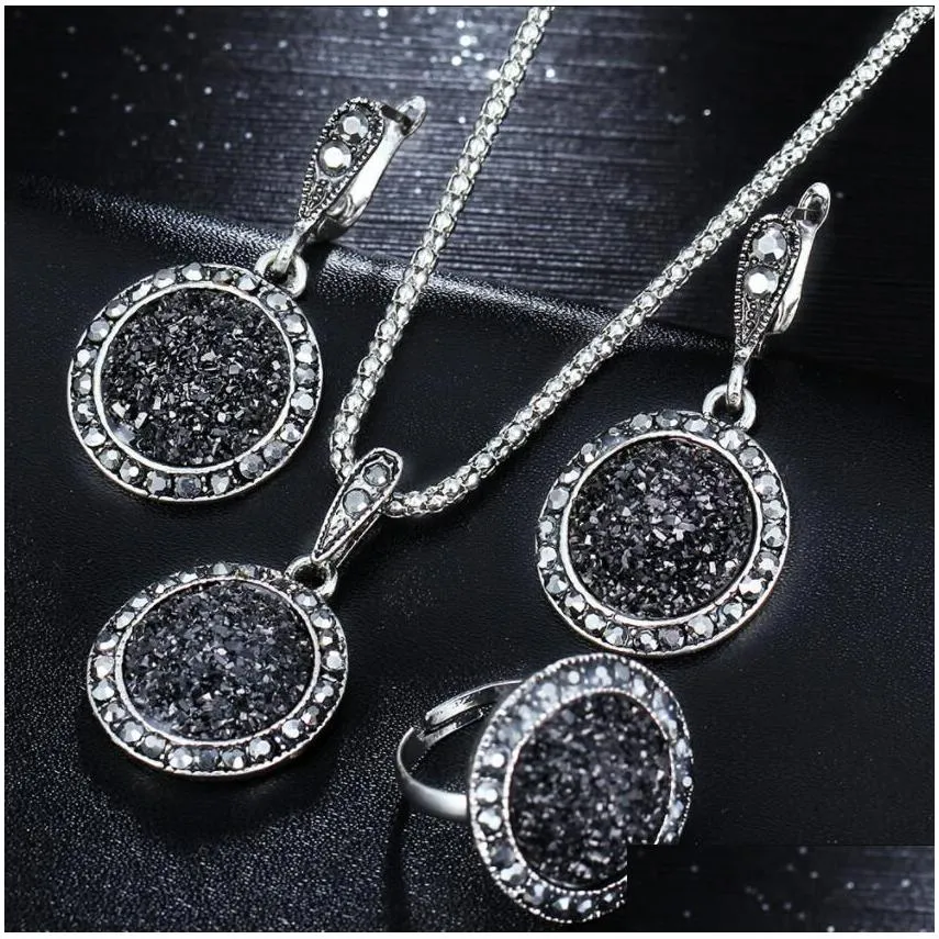 vintage crystal round jewelry for women charm necklace earrings rings sets color black fashion party earring jewelry new arrival