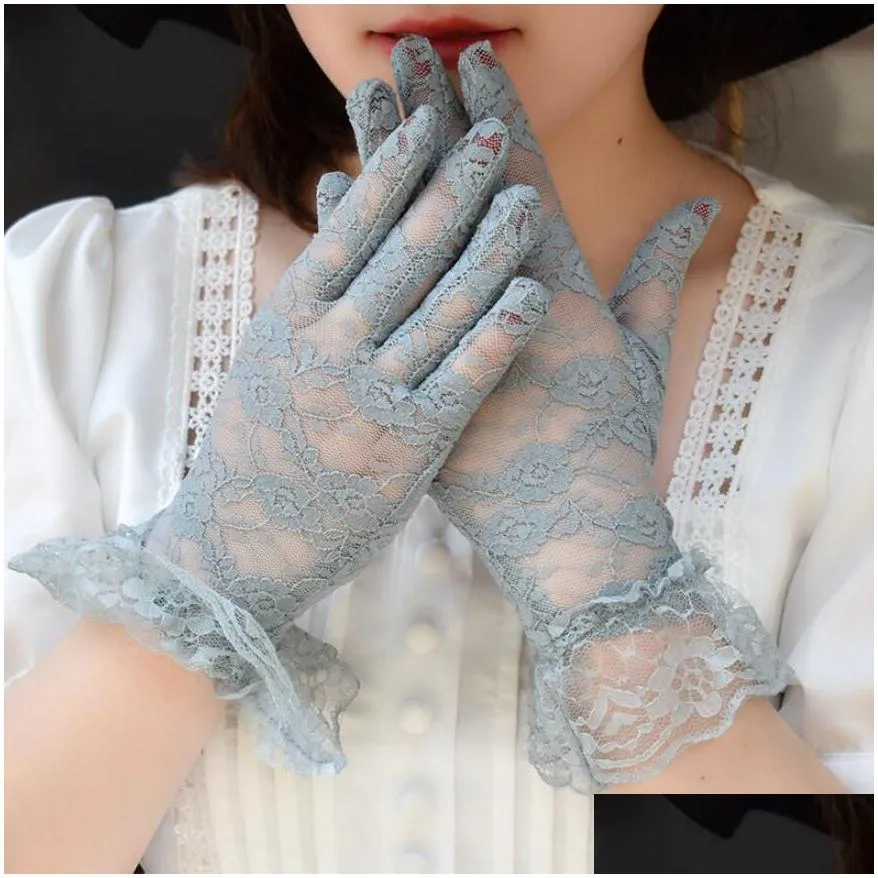 women black white summer uv-proof driving gloves mesh fishnet gloves lace mittens full finger girls lace fashion gloves